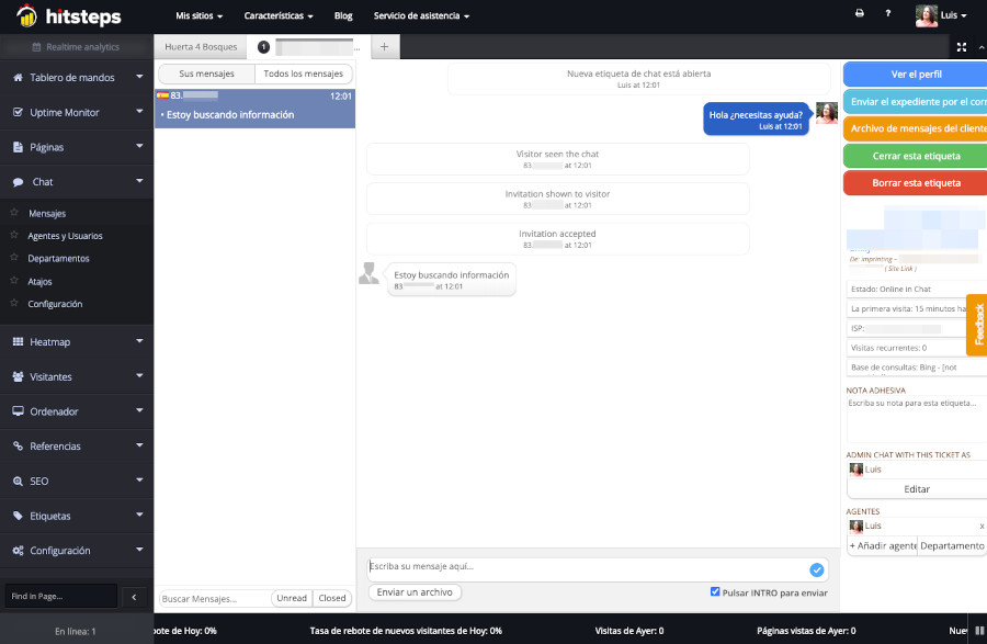 Opción de chat en línea desde Hitsteps como administrador del sitio