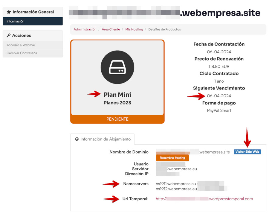 Hosting WordPress Webempresa - Gestionar Hosting contratado