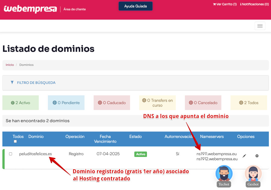 Hosting WordPress Webempresa - Listado de dominios