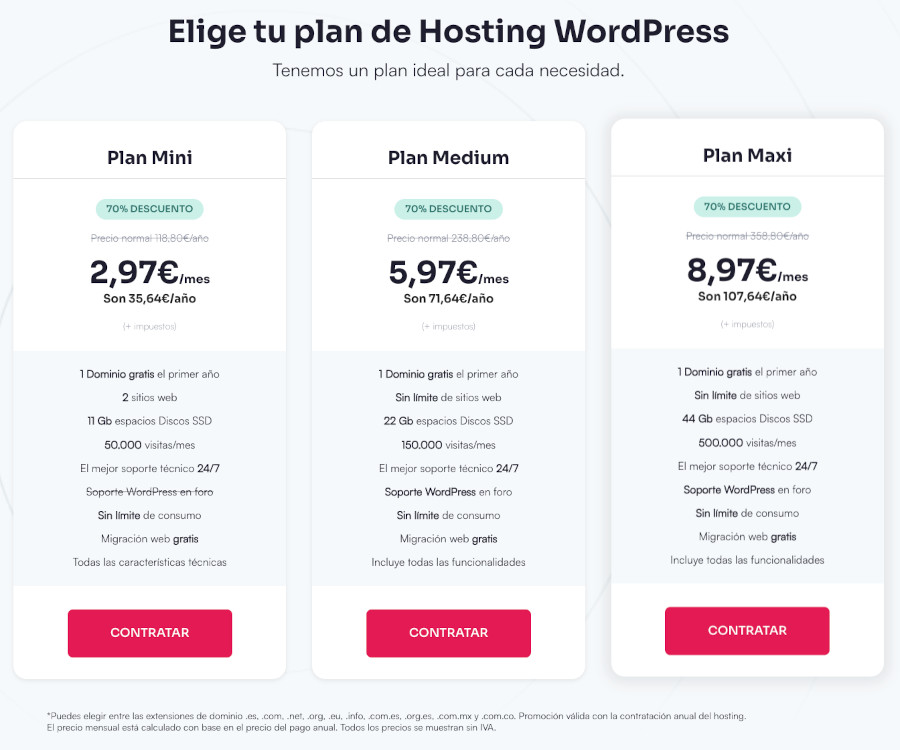 Hosting WordPress Webempresa - Planes
