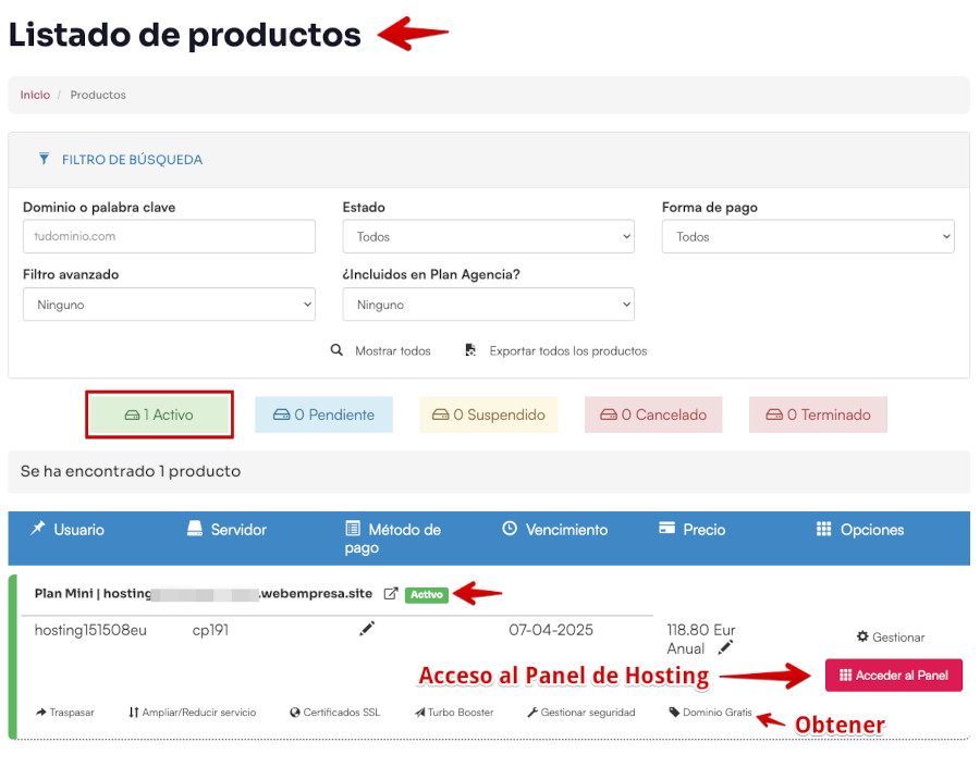 Hosting WordPress Webempresa - Productos contratados - Botones WePanel y Dominio Gratis