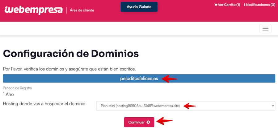 Hosting WordPress Webempresa - Registrar Dominio Gratis - Asociar dominio al Hosting contratado