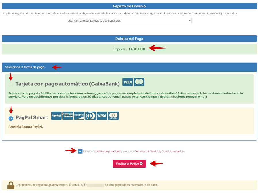 Hosting WordPress Webempresa - Registrar Dominio Gratis - Finalizar pedido