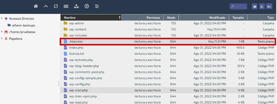 Archivo htaccess en wePanel