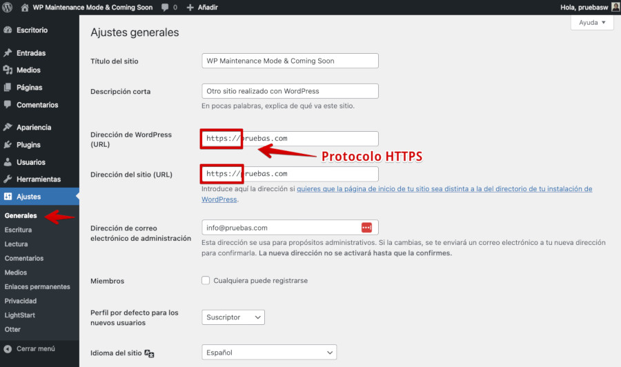 HTTPS en la URL del sitio web, en Ajustes Generales de WordPress