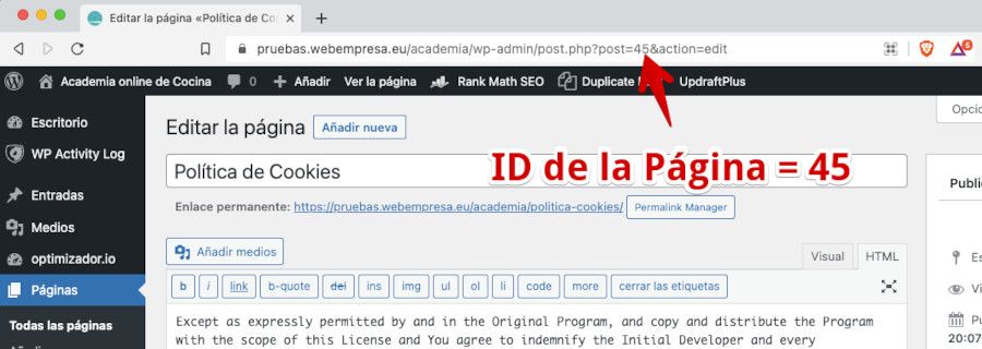 Localizar el ID de una Página desde la edición de Páginas de WordPress