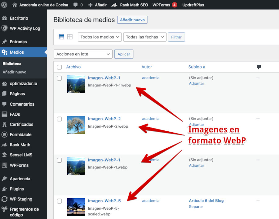 Imagen WebP subida a la biblioteca de medios en WordPress