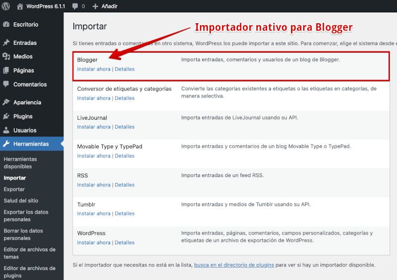Importador de Blogger nativo en WordPress