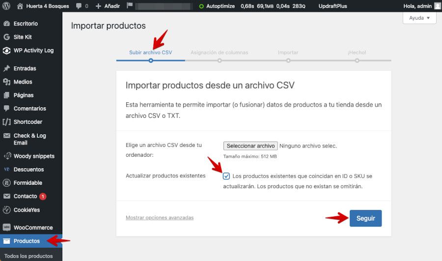 Asistente de importación de productos en WooCommerce - Tickbos de actualización de productos existentes