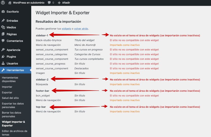 Log de resultados de importar widgets con el plugin Widget Settings Importer/Exporter