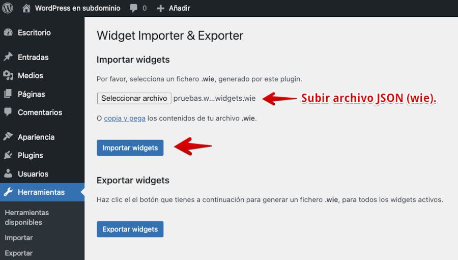Importar widgets con el plugin Widget Settings Importer/Exporter