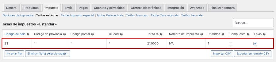 Impuesto - tarifas estándar - Tasas de impuestos