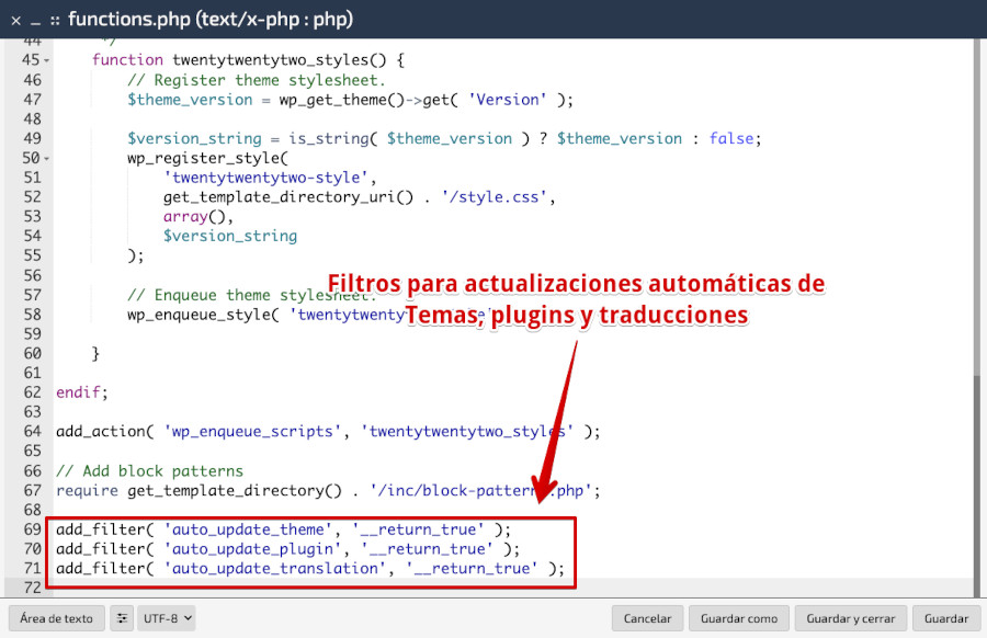 Incluir el código de actualización en el archivo functions.php