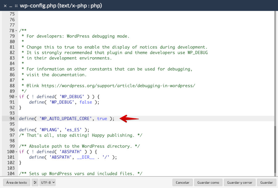 Incluir el código de actualización en el archivo wp-config.php