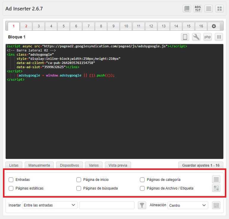 Anuncios de Google AdSense con el plugin Ad Inserter