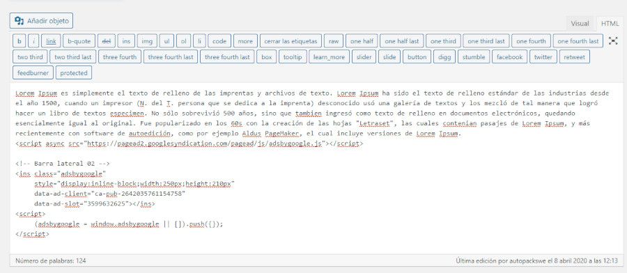 Insertar Google AdSense en WordPress. Insertar código HTML AdSense en las entradas