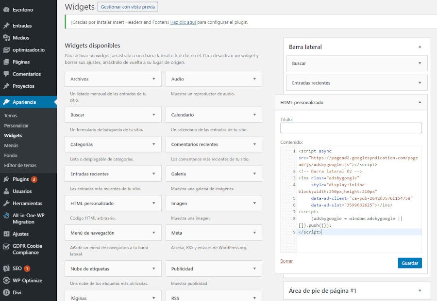 Insertar código HTML AdSense en Widgets