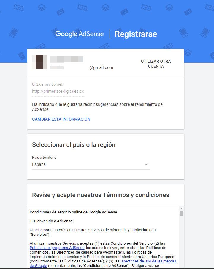 Registro en Google AdSense - País