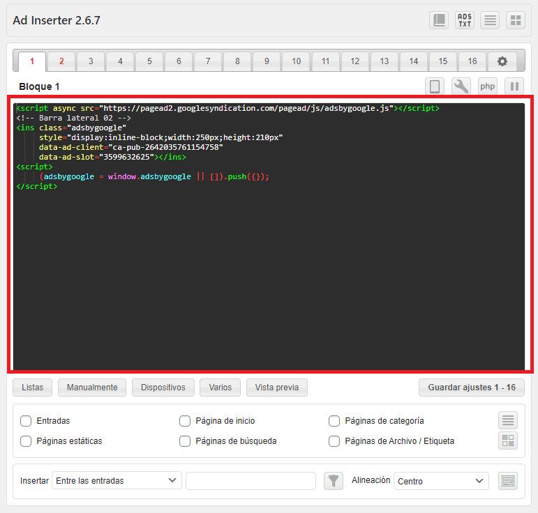 Insertar anuncios de Google AdSense con el plugin Ad Inserter