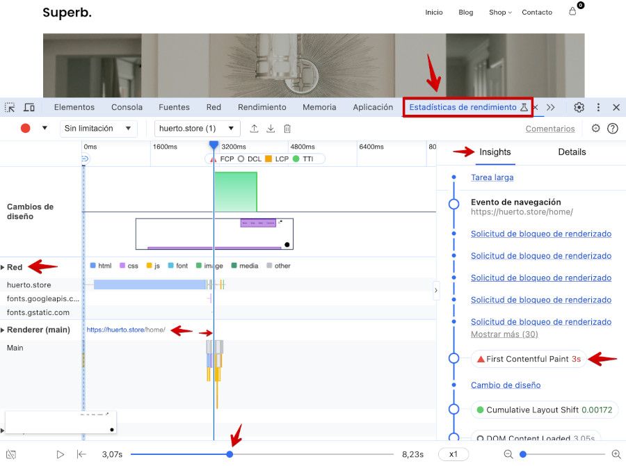 Inspector Google Chrome: Estadísticas de rendimiento