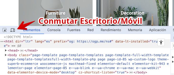 Inspector Google Chrome: Icono para conmutar entre escritorio y móvil
