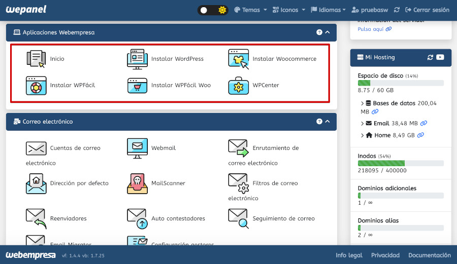 Instaladores disponibles de WordPress en el panel de hosting de Webempresa