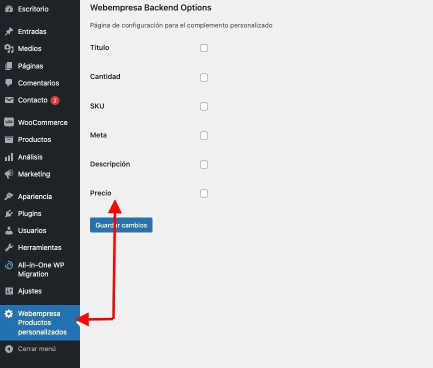 Ítem de menú del plugin creado