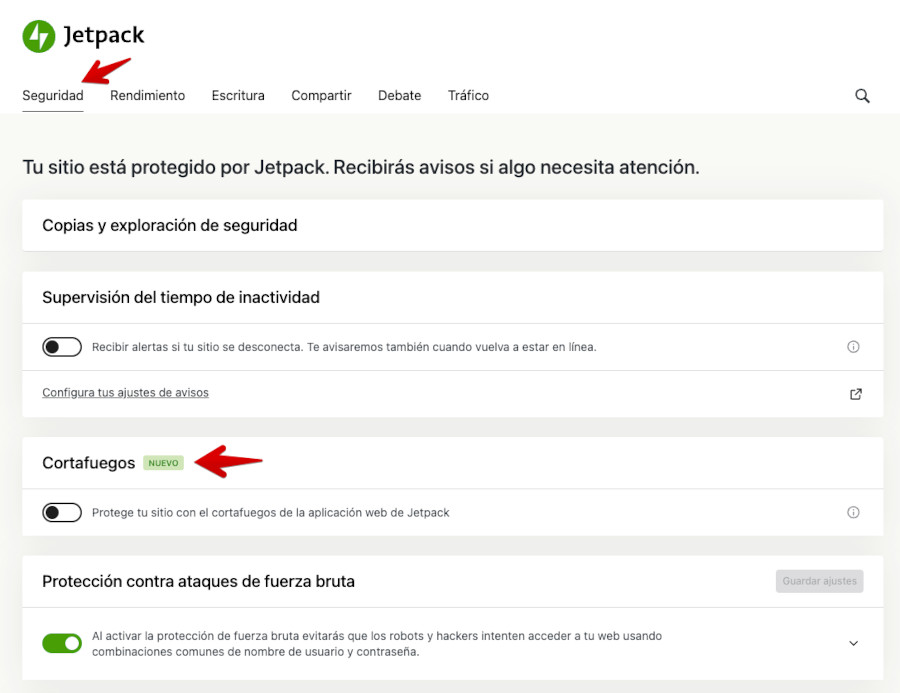 Jetpack - Ajustes - Seguridad