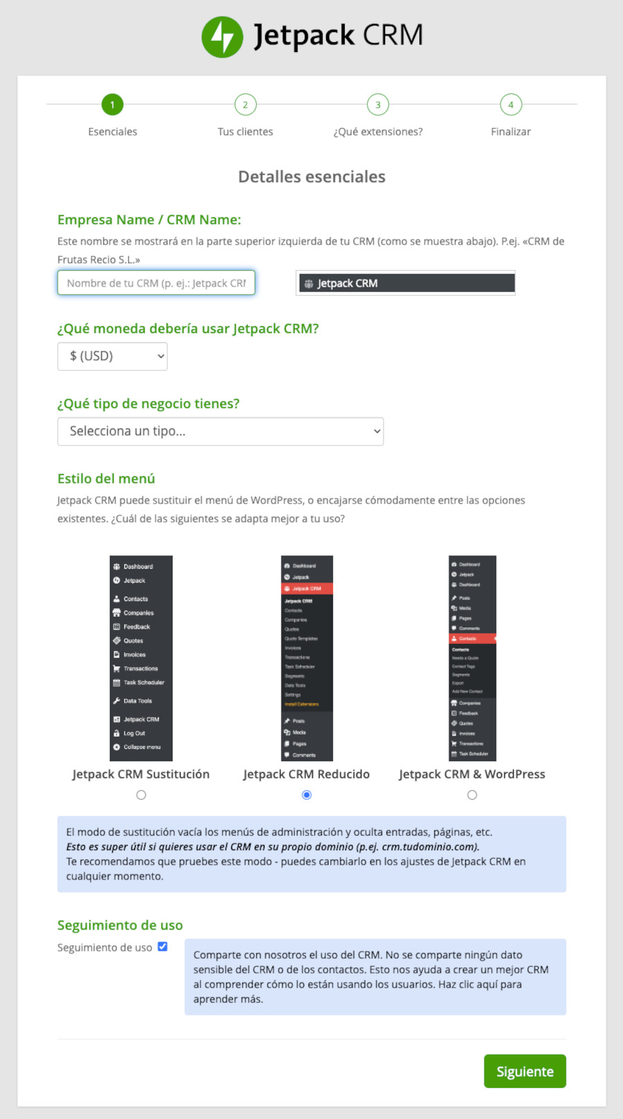 Configuraciones iniciales del CRM Jetpack