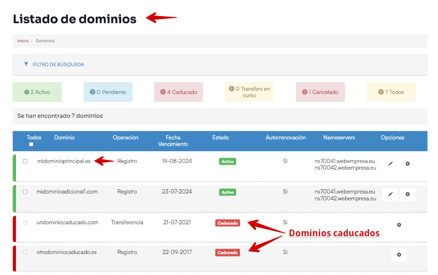 Lista dominios gestionados desde el Área de cliente de Webempresa