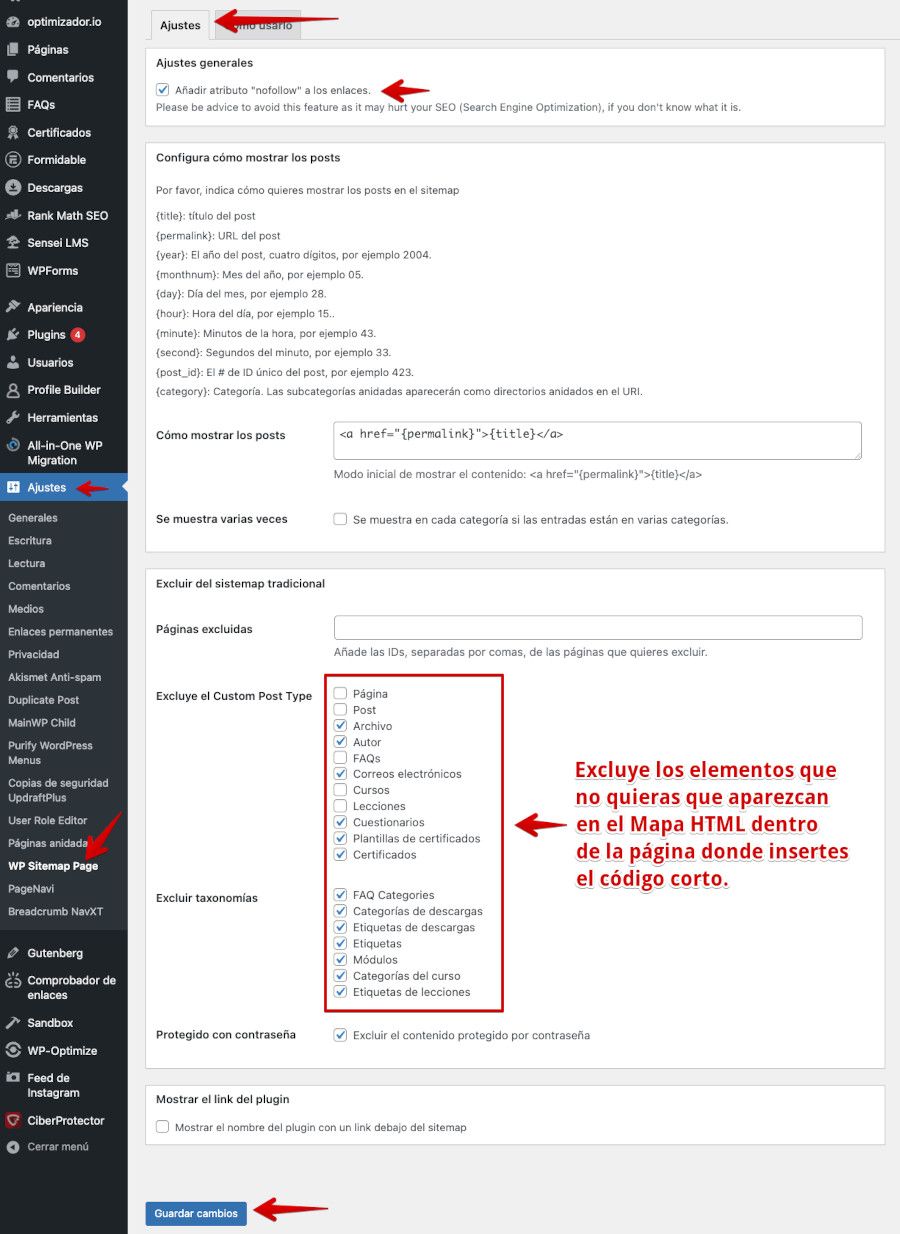 Ajustes del plugin Mapa del Sitio en HTML