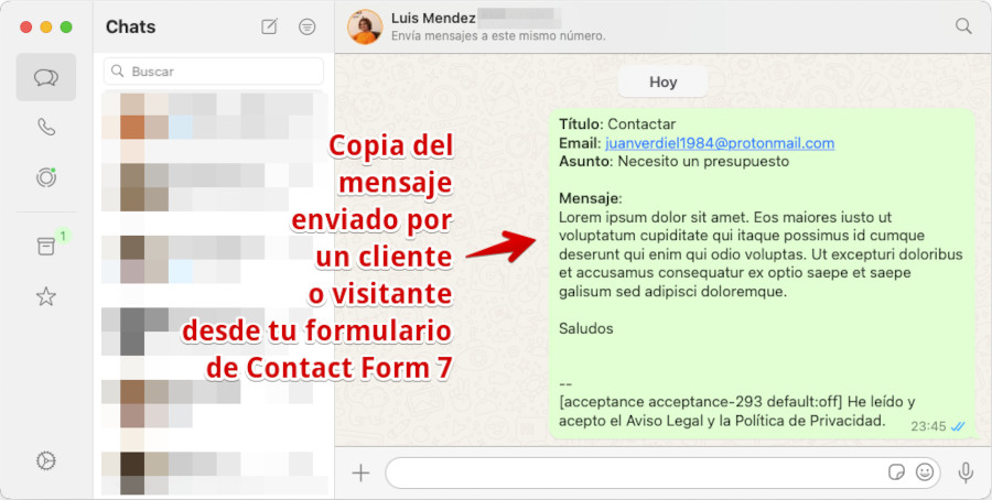 Mensaje recibido en WhatsApp desde Contact Form 7