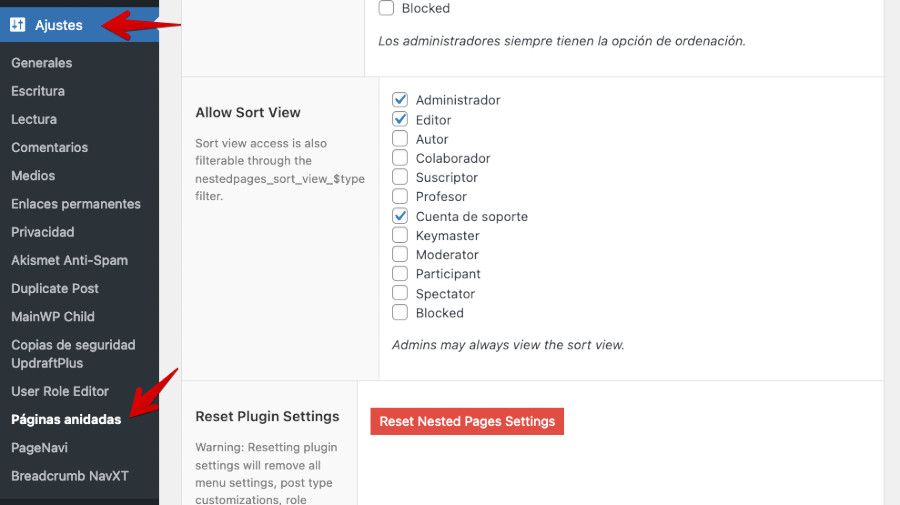 Acceso a los ajustes de Nested Pages