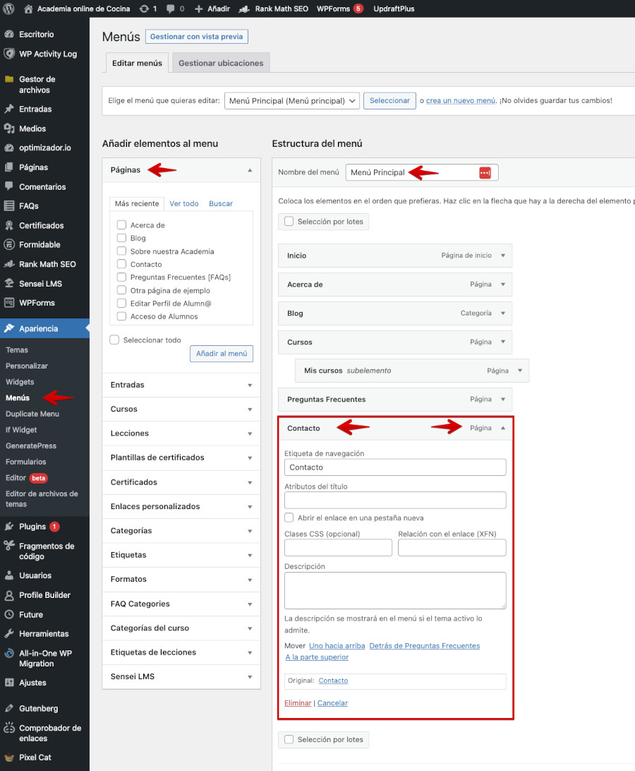 Menú de Contacto en WordPress