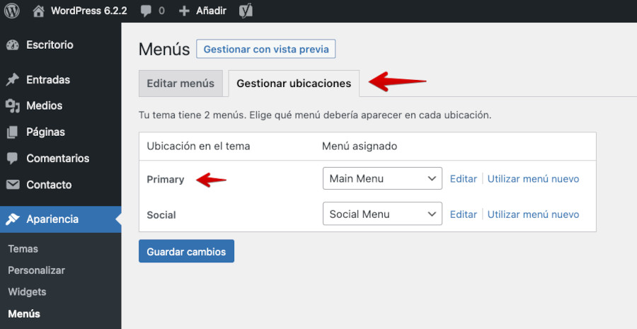 Tipos Menus Primario y Secundario en WordPress