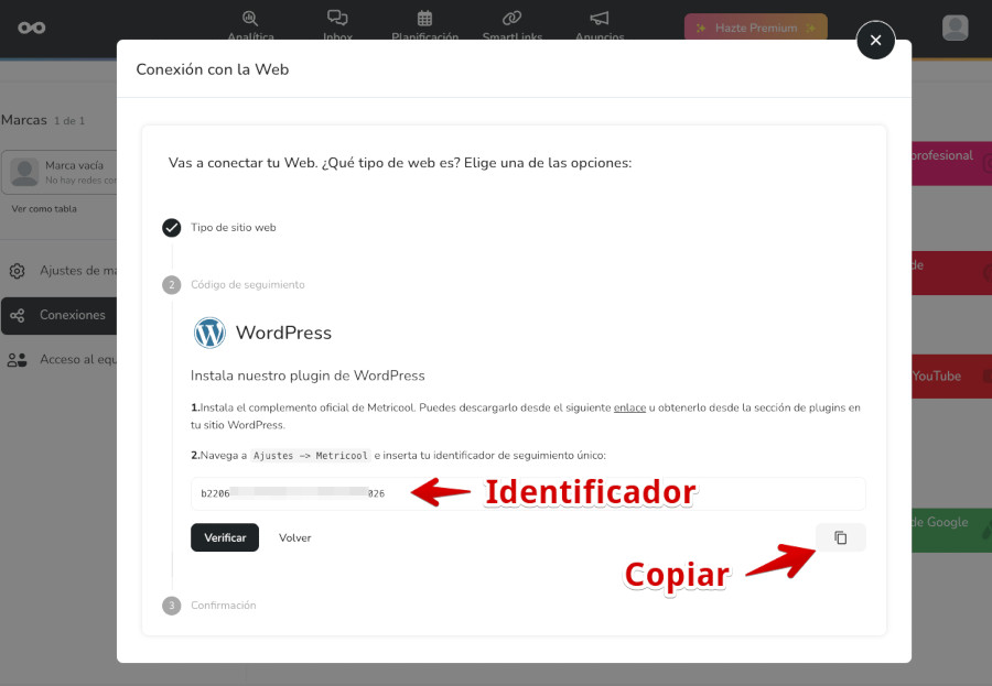 Metricool - Conexiones - Web - Copiar ID