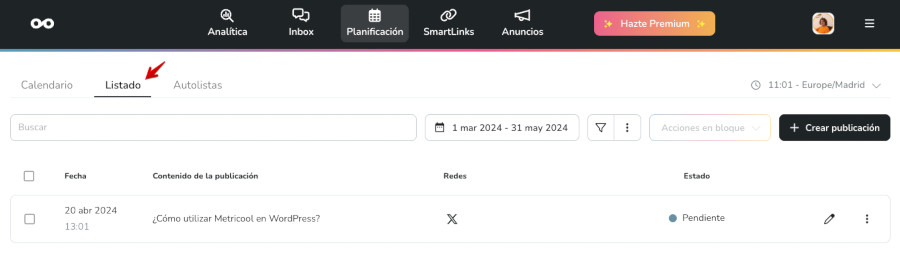 Metricool - Planificación - Listado