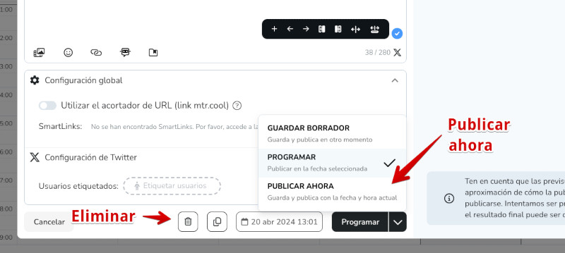 Metricool - Planificación - Publicar ahora o eliminar