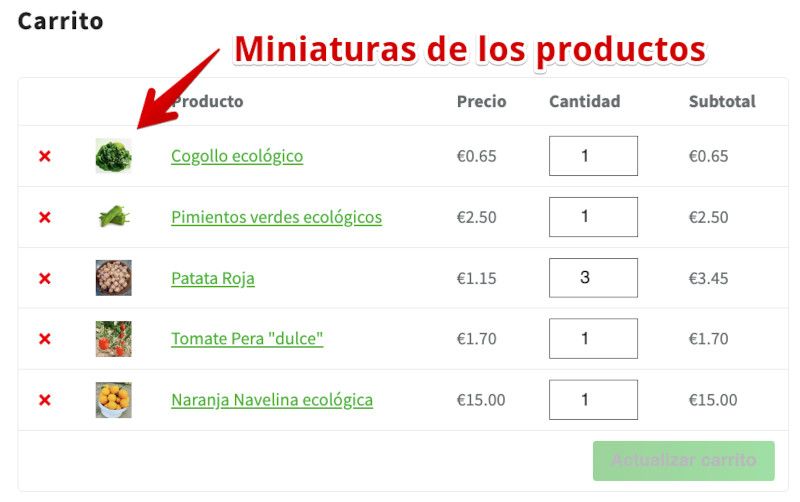 Miniaturas de los productos añadidos al carrito de compras