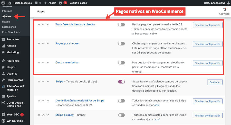 Modalidades de pago en WooCommerce