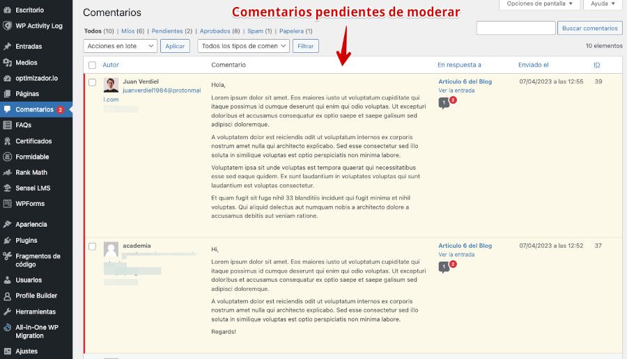 Moderar comentarios WordPress