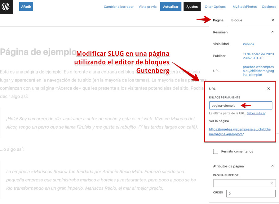 Modificar el slug en una página con Gutenberg