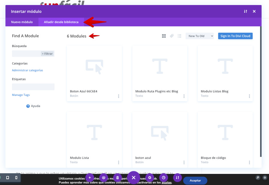 Módulos en la biblioteca de Divi