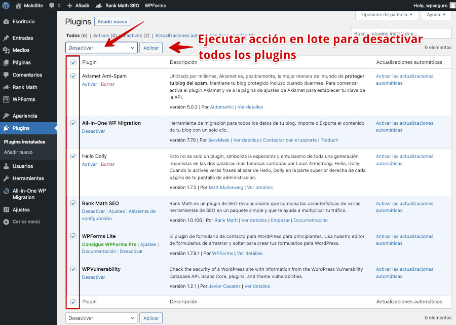 Desactivar todos los plugins