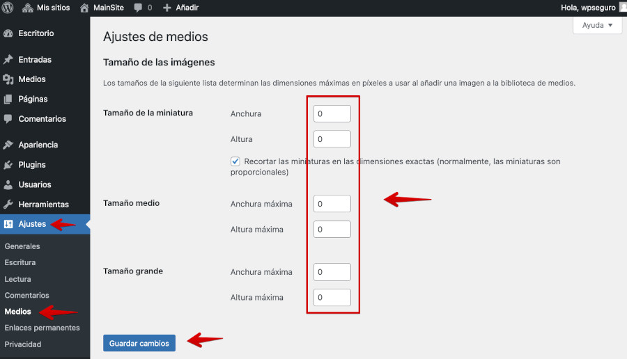 Configurar el tamaño de las imágenes en Medios