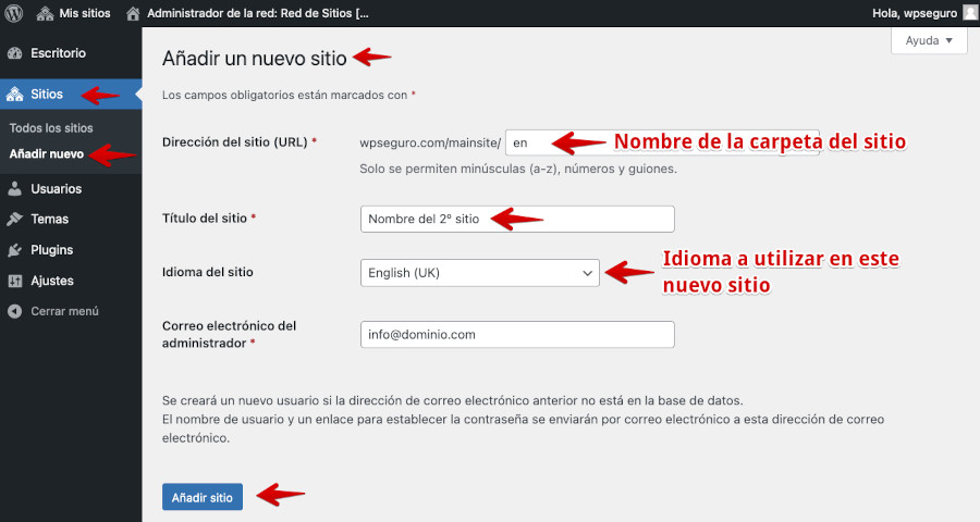 Configuración del nuevo sitio