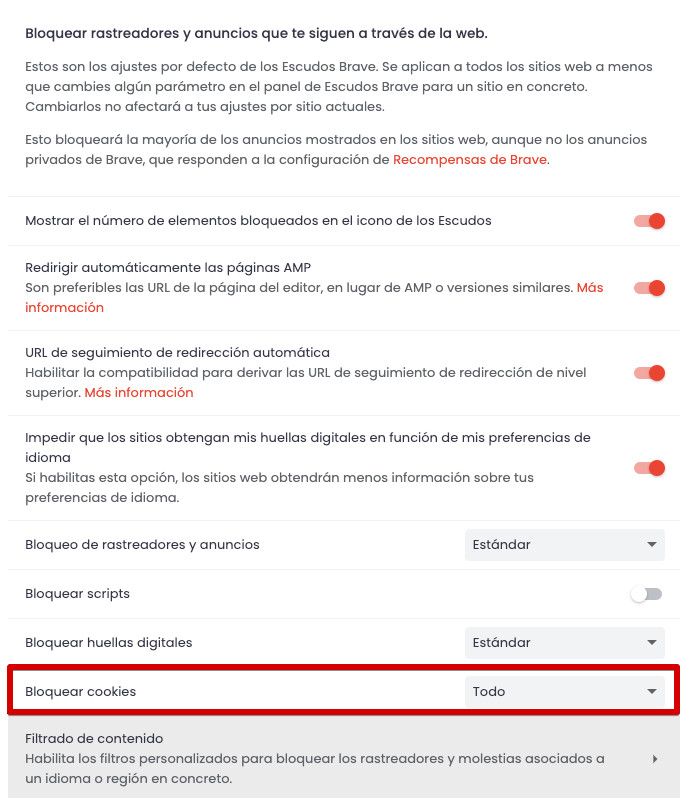 Configuración de seguridad del navegador bloquea cookies