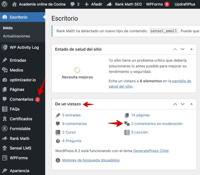 Notificación nuevos comentarios WordPress