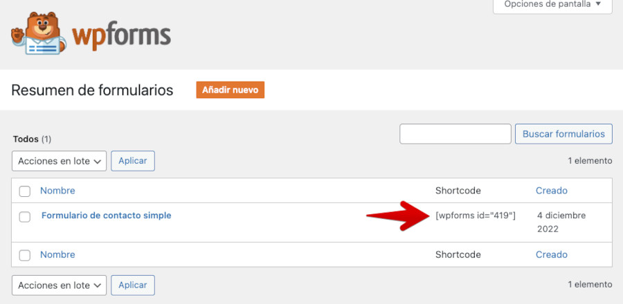 Obtener código corto de formulario de WPForms