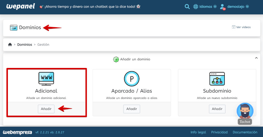 Opción dominio adicional en WePanel